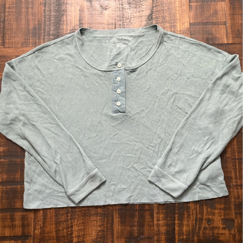 American Eagle Waffle Knit Henley Thermal Long Sleeve Shirt | Gray